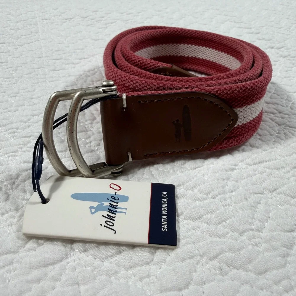 Johnnie-O Mens‎ Striped D-Ring Belt Malibu Red White Canvas Leather Size S NEW